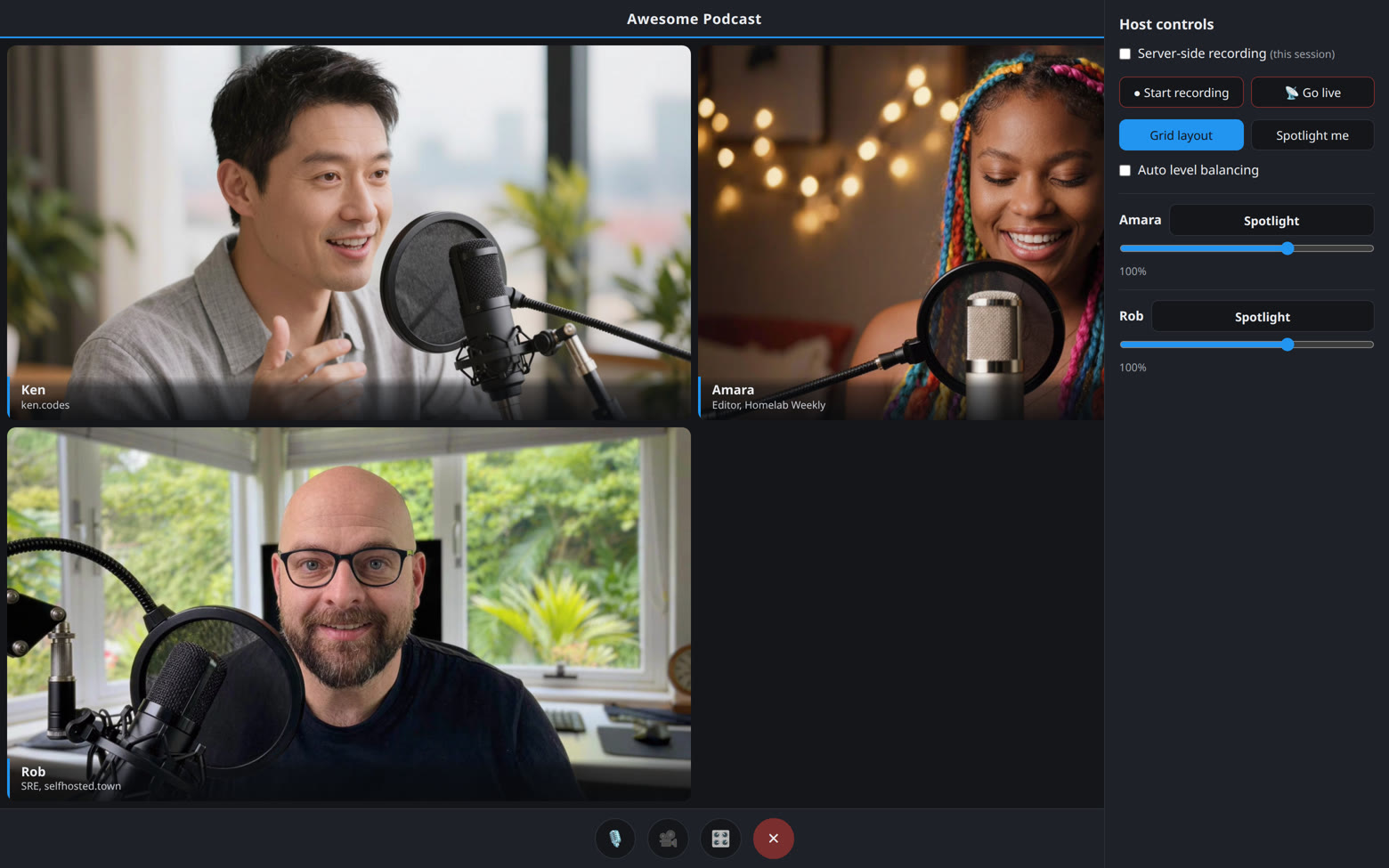 The in-session host panel: recording, going live, layouts, per-guest volume