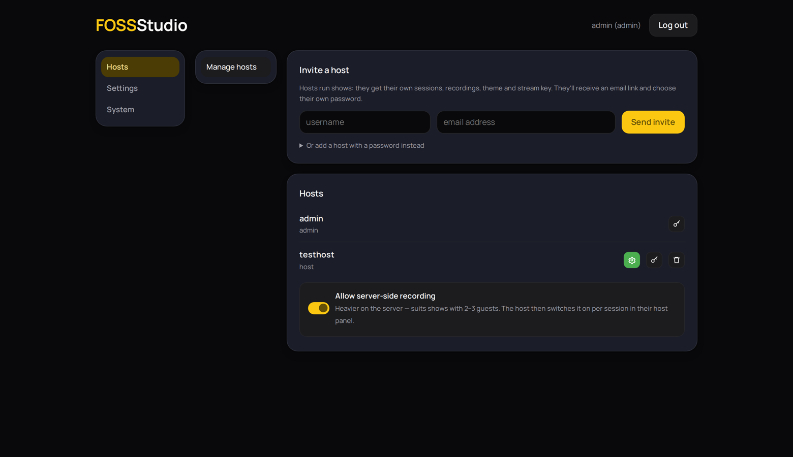 The admin view for managing host accounts and their permissions